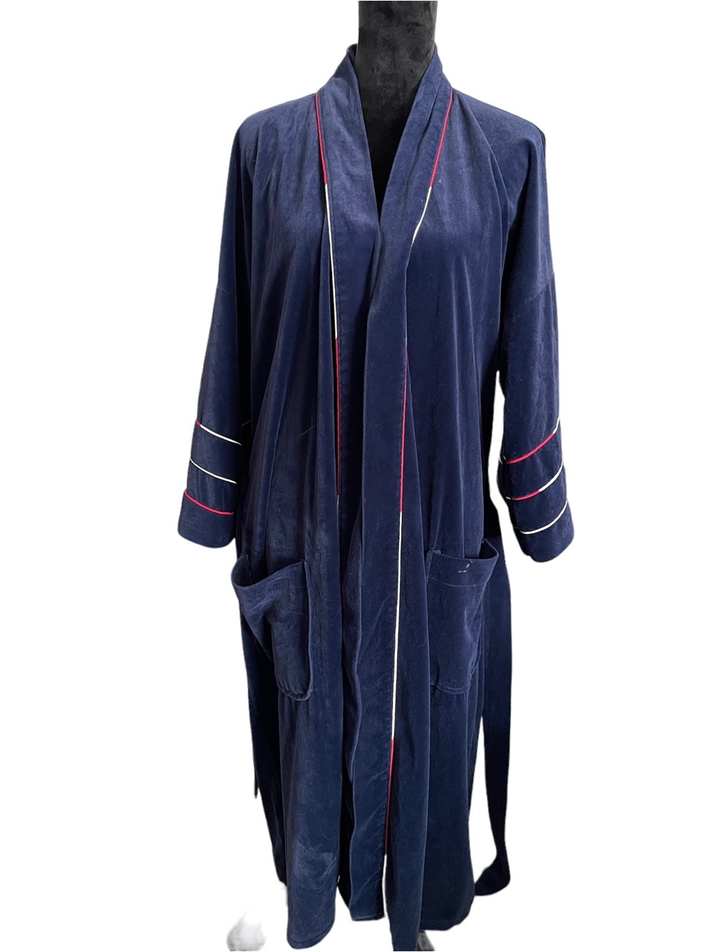 Vintage Pierre Cardin Men's Navy Velvet Robe with Contrast Piping